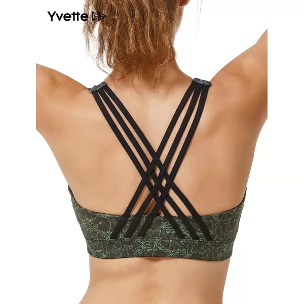 Yvette Strappy Zip Front Sports Bra High Impact Workout Bra for Running Spinning Dancing WomenGreen Printed