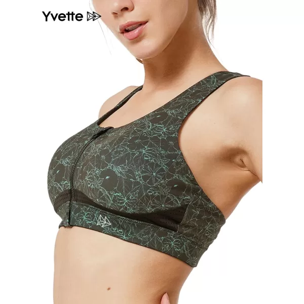 Yvette Strappy Zip Front Sports Bra High Impact Workout Bra for Running Spinning Dancing WomenGreen Printed