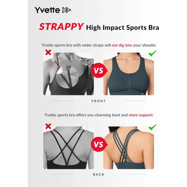Yvette Strappy Zip Front Sports Bra High Impact Workout Bra for Running Spinning Dancing WomenNavy