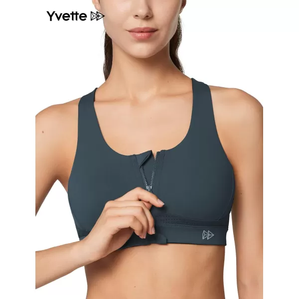 Yvette Strappy Zip Front Sports Bra High Impact Workout Bra for Running Spinning Dancing WomenNavy