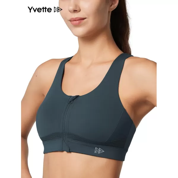 Yvette Strappy Zip Front Sports Bra High Impact Workout Bra for Running Spinning Dancing WomenNavy