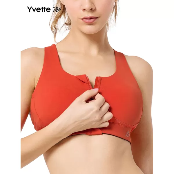Yvette Strappy Zip Front Sports Bra High Impact Workout Bra for Running Spinning Dancing WomenOrange Red