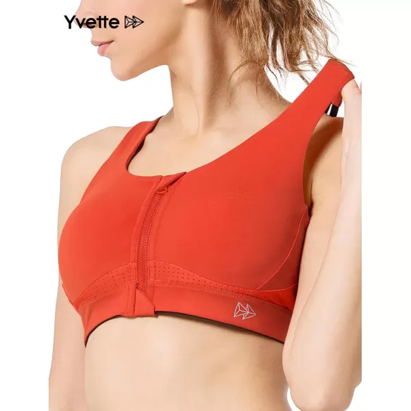 Yvette Strappy Zip Front Sports Bra High Impact Workout Bra for Running Spinning Dancing WomenOrange Red