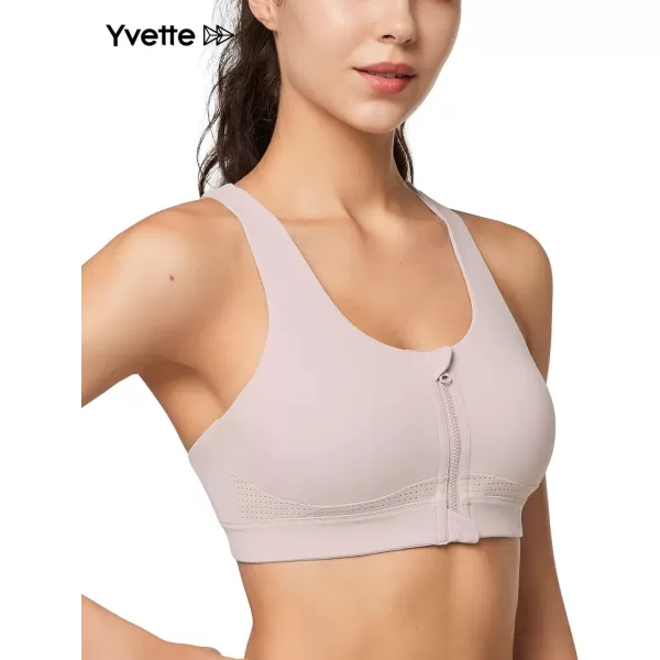 Yvette Strappy Zip Front Sports Bra High Impact Workout Bra for Running Spinning Dancing WomenPastel Pink