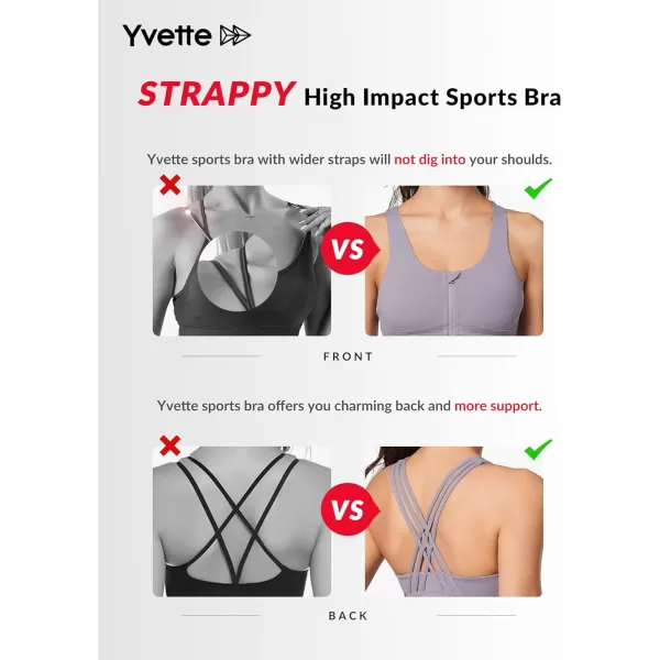 Yvette Strappy Zip Front Sports Bra High Impact Workout Bra for Running Spinning Dancing WomenPurple