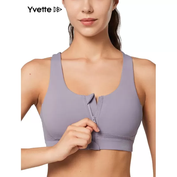 Yvette Strappy Zip Front Sports Bra High Impact Workout Bra for Running Spinning Dancing WomenPurple