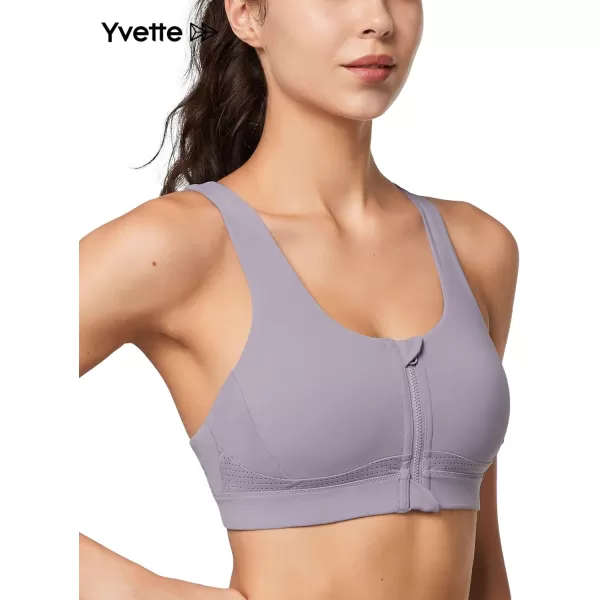 Yvette Strappy Zip Front Sports Bra High Impact Workout Bra for Running Spinning Dancing WomenPurple