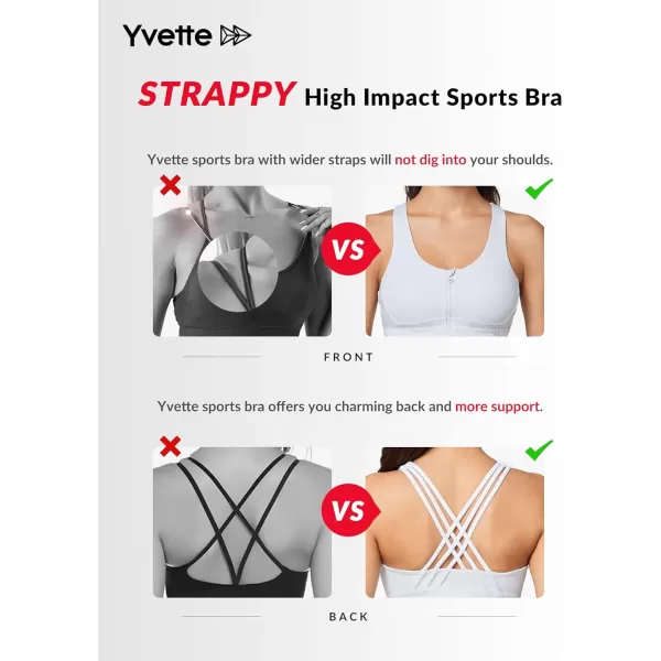 Yvette Strappy Zip Front Sports Bra High Impact Workout Bra for Running Spinning Dancing WomenWhite