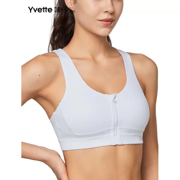 Yvette Strappy Zip Front Sports Bra High Impact Workout Bra for Running Spinning Dancing WomenWhite