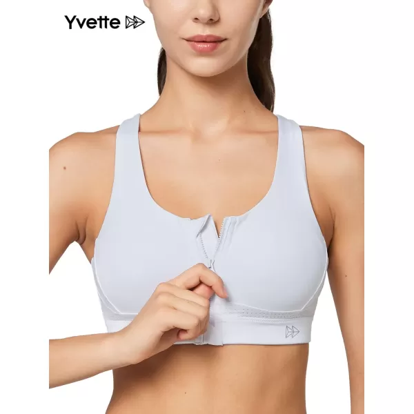 Yvette Strappy Zip Front Sports Bra High Impact Workout Bra for Running Spinning Dancing WomenWhite