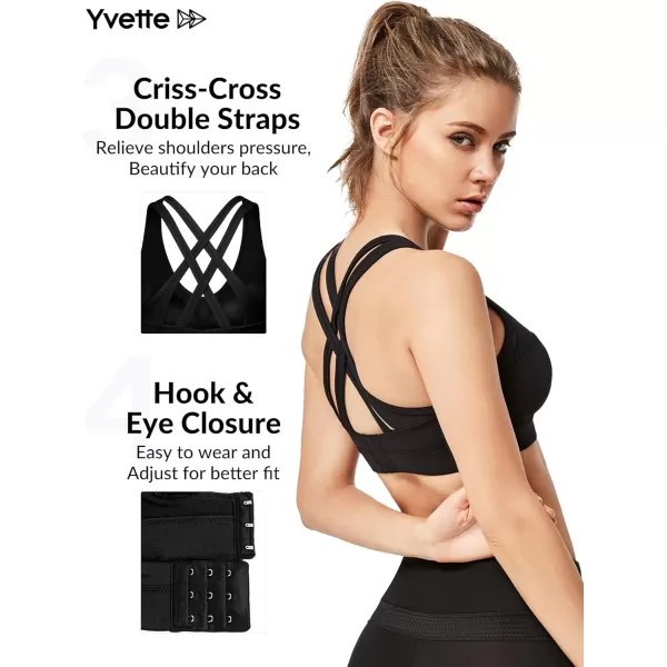 Yvette Women High Impact Sports Bras Criss Cross Back Sexy Running Bra for Plus SizeBlack  Double Thin Strap  High Impact