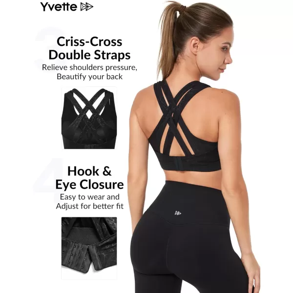 Yvette Women High Impact Sports Bras Criss Cross Back Sexy Running Bra for Plus SizeBlack Printed