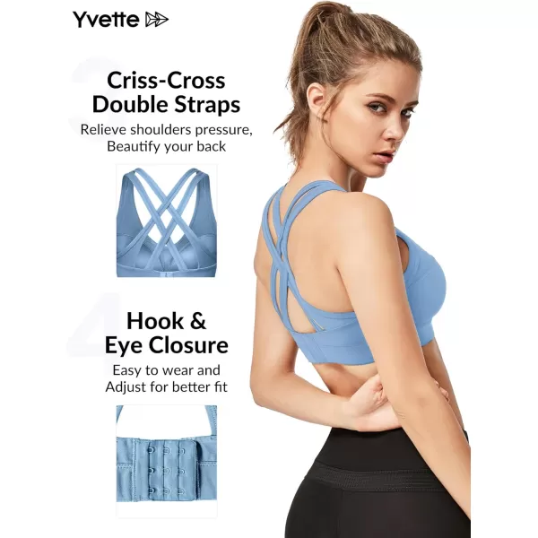 Yvette Women High Impact Sports Bras Criss Cross Back Sexy Running Bra for Plus SizeBlue