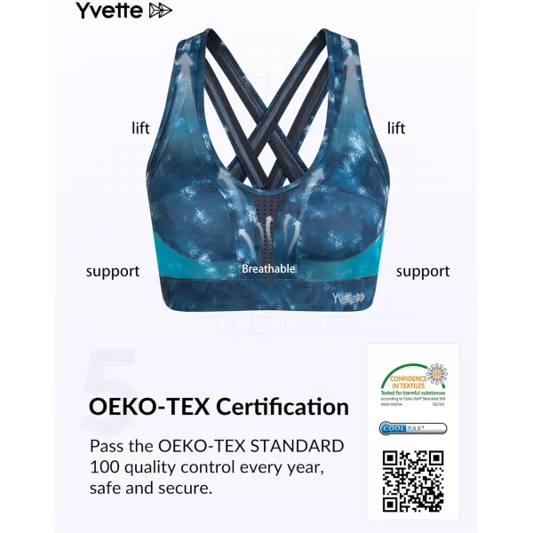 Yvette Women High Impact Sports Bras Criss Cross Back Sexy Running Bra for Plus SizeBlue Printed