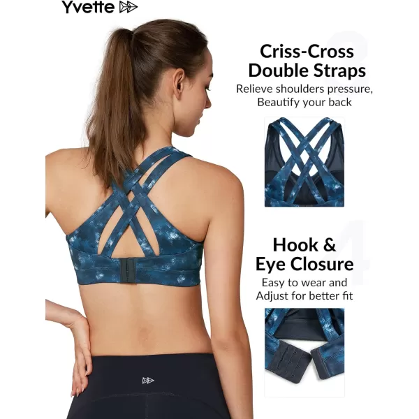 Yvette Women High Impact Sports Bras Criss Cross Back Sexy Running Bra for Plus SizeBlue Printed