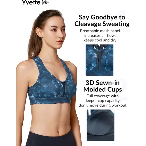 Yvette Women High Impact Sports Bras Criss Cross Back Sexy Running Bra for Plus SizeBlue Printed