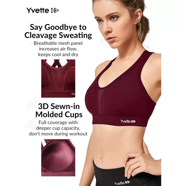 Yvette Women High Impact Sports Bras Criss Cross Back Sexy Running Bra for Plus SizeBurgundy