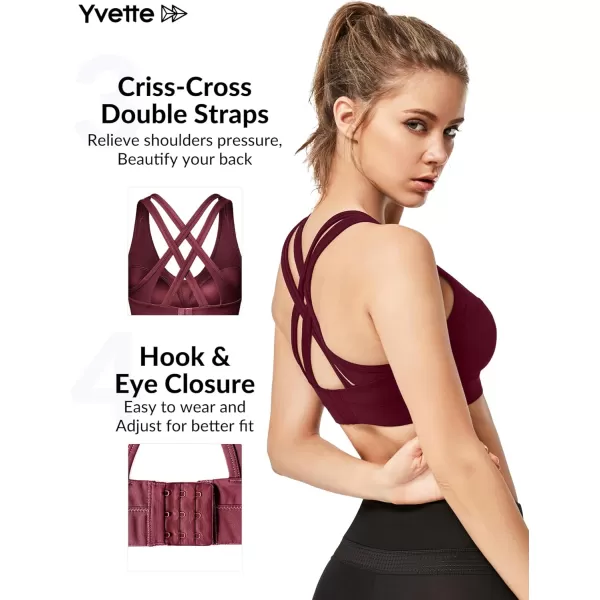 Yvette Women High Impact Sports Bras Criss Cross Back Sexy Running Bra for Plus SizeBurgundy