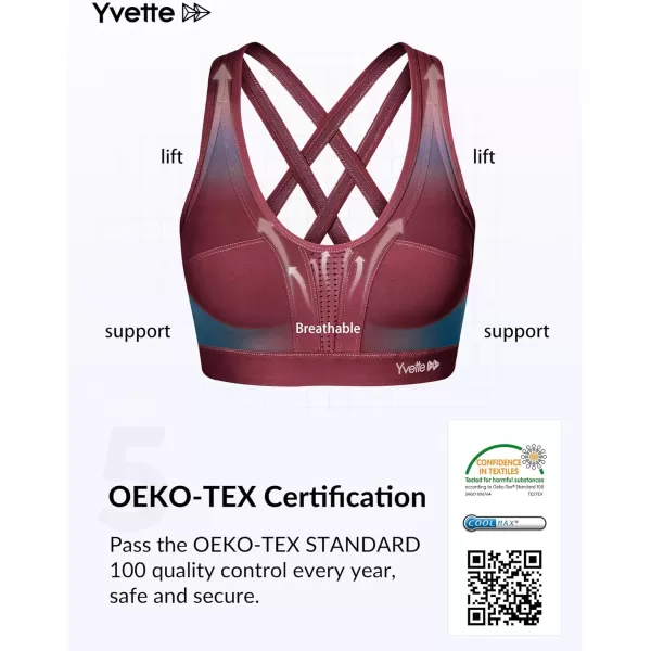 Yvette Women High Impact Sports Bras Criss Cross Back Sexy Running Bra for Plus SizeBurgundy