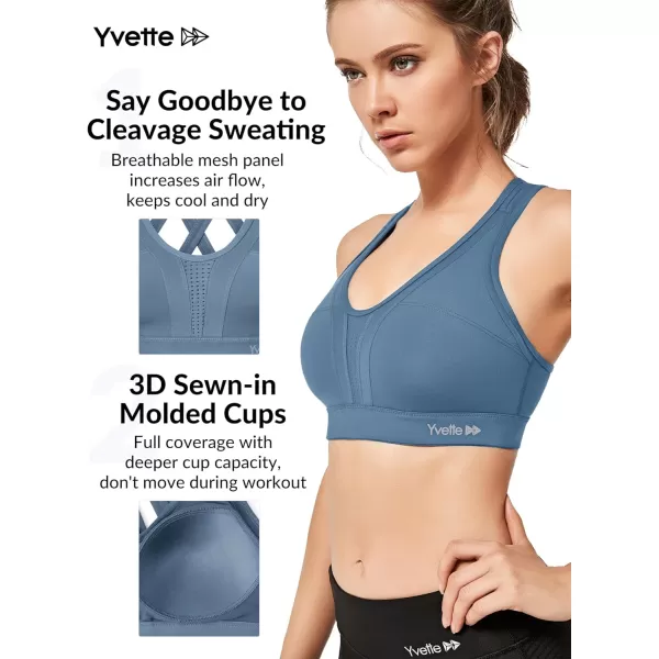 Yvette Women High Impact Sports Bras Criss Cross Back Sexy Running Bra for Plus SizeLake Blue  Double Thin Strap  High Impact