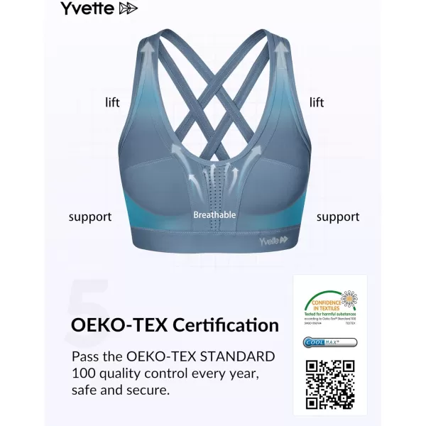 Yvette Women High Impact Sports Bras Criss Cross Back Sexy Running Bra for Plus SizeLake Blue  Double Thin Strap  High Impact