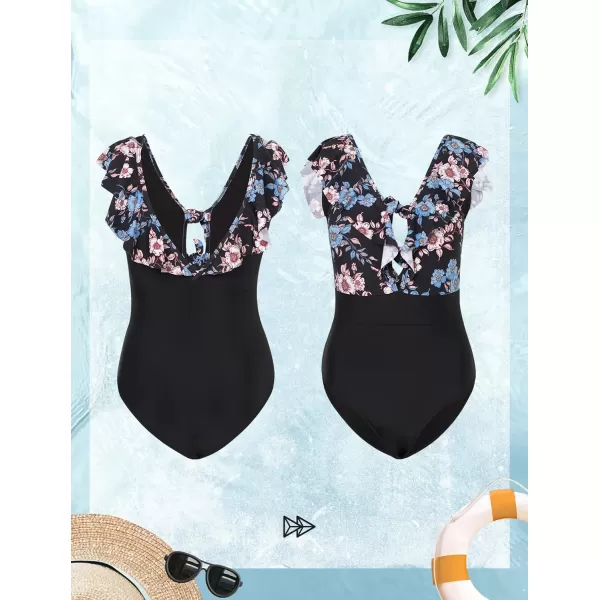 Yvette Women One Piece Swimsuit Floral VNeck Ruffle Bathing Suit Padded Monokini BohoBlack Printed