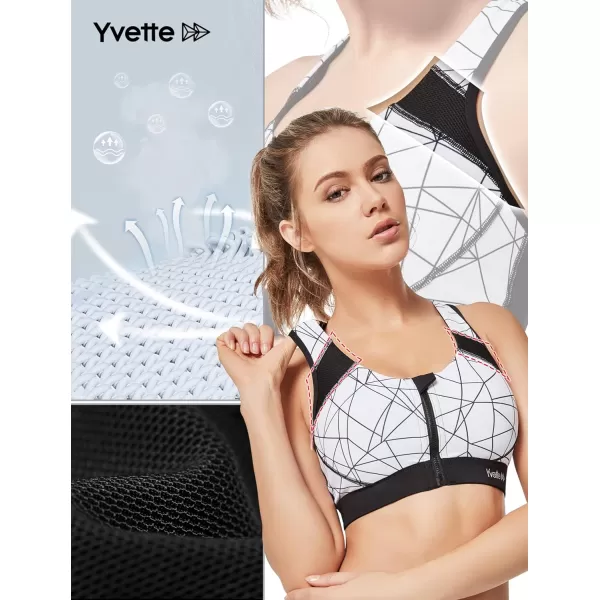 Yvette Women Racerback Sports Bras for High Impact Workout Fitness Front Zip Closure Wirless Plus SizeZebra White