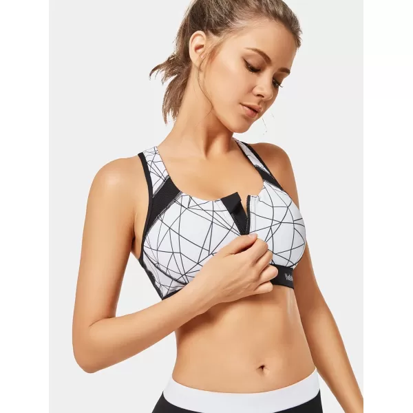 Yvette Women Racerback Sports Bras for High Impact Workout Fitness Front Zip Closure Wirless Plus SizeZebra White