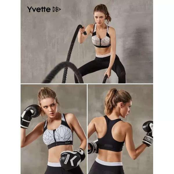 Yvette Women Racerback Sports Bras for High Impact Workout Fitness Front Zip Closure Wirless Plus SizeZebra White