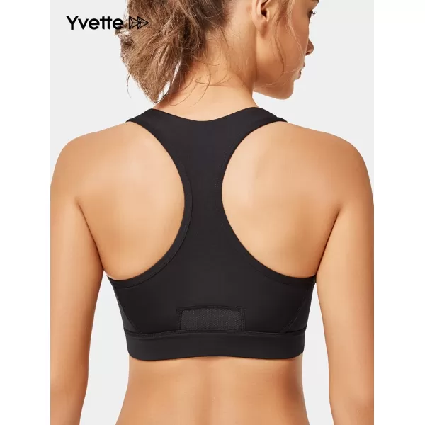 Yvette Women Racerback Sports Bras for High Impact Workout Fitness Front Zip Closure Wirless Plus SizeZebra White