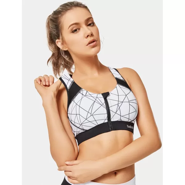 Yvette Women Racerback Sports Bras for High Impact Workout Fitness Front Zip Closure Wirless Plus SizeZebra White
