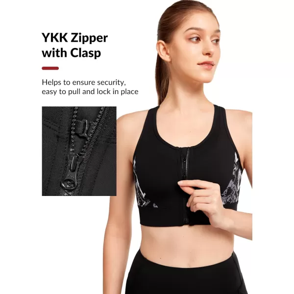 Yvette Womens Adjustable Sports Bra High Impact Zip Front Closure Crossed Back Supportive Running BraBlack