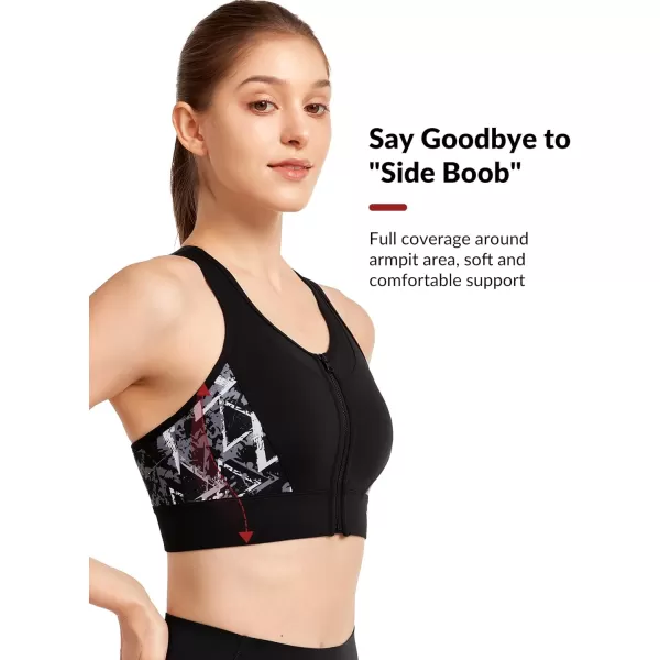 Yvette Womens Adjustable Sports Bra High Impact Zip Front Closure Crossed Back Supportive Running BraBlack