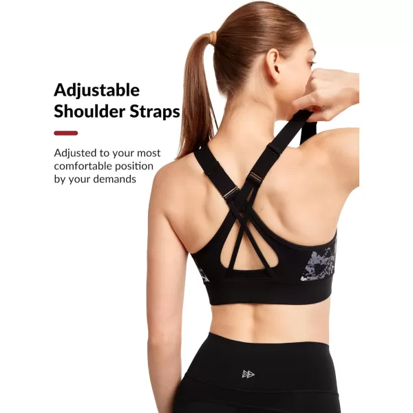 Yvette Womens Adjustable Sports Bra High Impact Zip Front Closure Crossed Back Supportive Running BraBlack