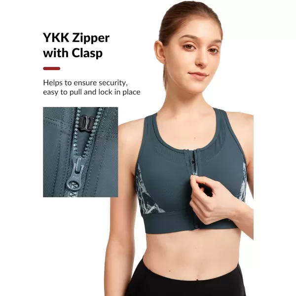 Yvette Womens Adjustable Sports Bra High Impact Zip Front Closure Crossed Back Supportive Running BraHaze Blue