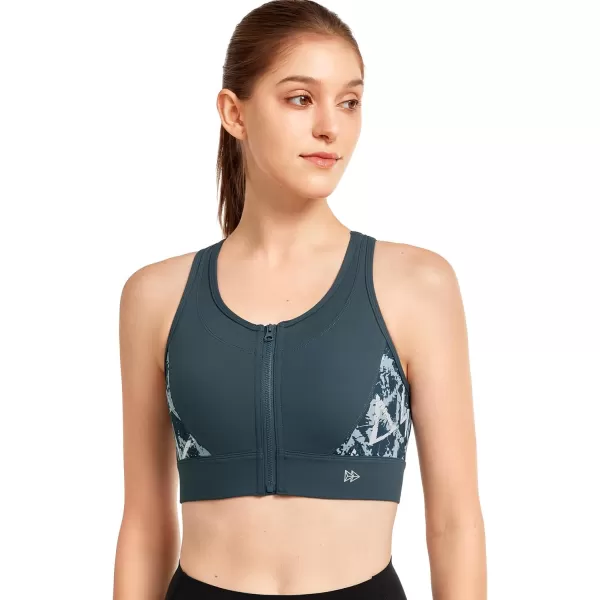 Yvette Womens Adjustable Sports Bra High Impact Zip Front Closure Crossed Back Supportive Running BraHaze Blue