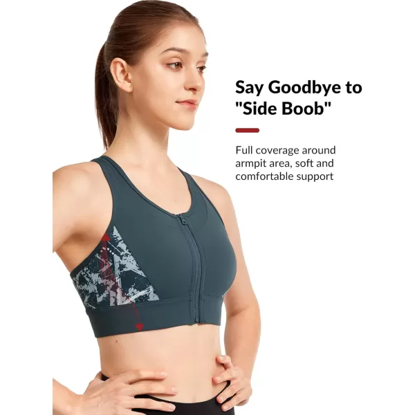 Yvette Womens Adjustable Sports Bra High Impact Zip Front Closure Crossed Back Supportive Running BraHaze Blue