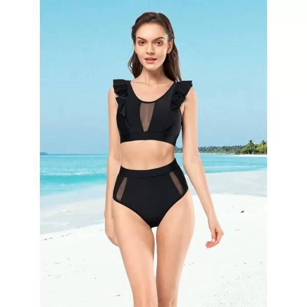 Yvette Womens Bandeau Bikini Sets Shirred Swimsuit High Waisted Bikini Bottoms Two Piece Bathing Suit2black