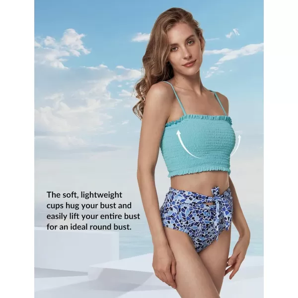 Yvette Womens Bandeau Bikini Sets Shirred Swimsuit High Waisted Bikini Bottoms Two Piece Bathing SuitBlue