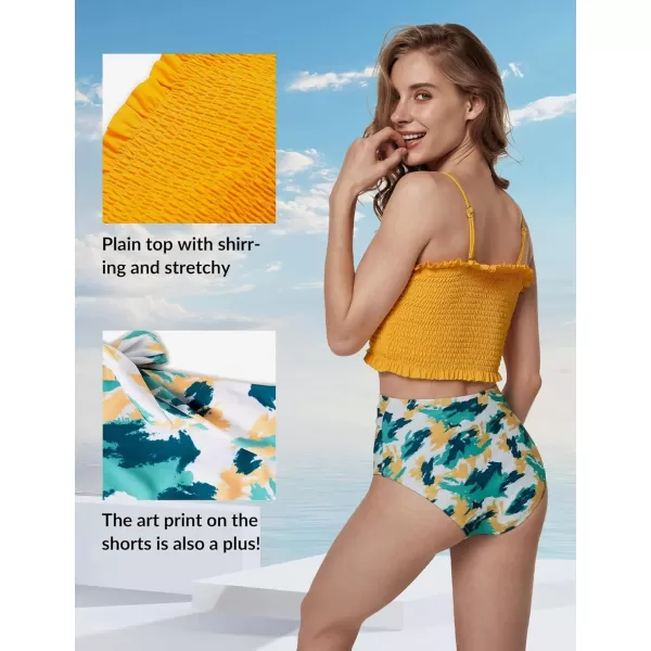Yvette Womens Bandeau Bikini Sets Shirred Swimsuit High Waisted Bikini Bottoms Two Piece Bathing SuitYellow