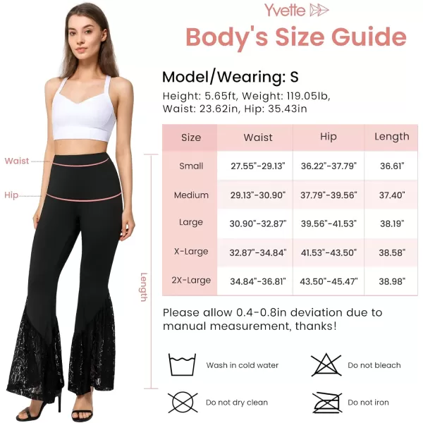 Yvette Womens Bell Bottom Pants Flare Leggings High Waist Tummy Control Wide Leg Dancing Bootcut Yoga PantsBlack  Wide Lacy Patchwork