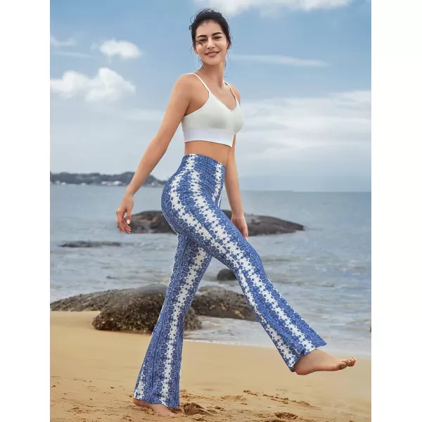 Yvette Womens Bell Bottom Pants Flare Leggings High Waist Tummy Control Wide Leg Dancing Bootcut Yoga PantsBlue Cashew Flowers  White