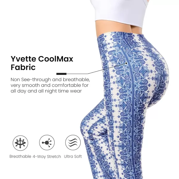 Yvette Womens Bell Bottom Pants Flare Leggings High Waist Tummy Control Wide Leg Dancing Bootcut Yoga PantsBlue Cashew Flowers  White