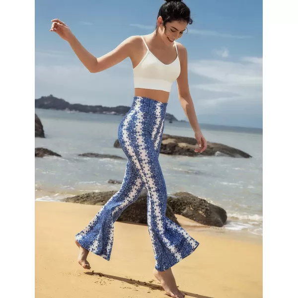 Yvette Womens Bell Bottom Pants Flare Leggings High Waist Tummy Control Wide Leg Dancing Bootcut Yoga PantsBlue Cashew Flowers  White