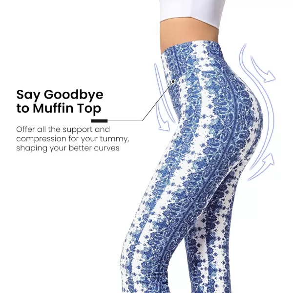 Yvette Womens Bell Bottom Pants Flare Leggings High Waist Tummy Control Wide Leg Dancing Bootcut Yoga PantsBlue Cashew Flowers  White