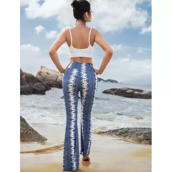Yvette Womens Bell Bottom Pants Flare Leggings High Waist Tummy Control Wide Leg Dancing Bootcut Yoga PantsBlue Cashew Flowers  White