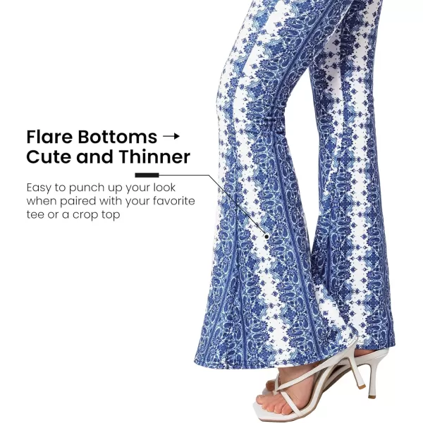 Yvette Womens Bell Bottom Pants Flare Leggings High Waist Tummy Control Wide Leg Dancing Bootcut Yoga PantsBlue Cashew Flowers  White