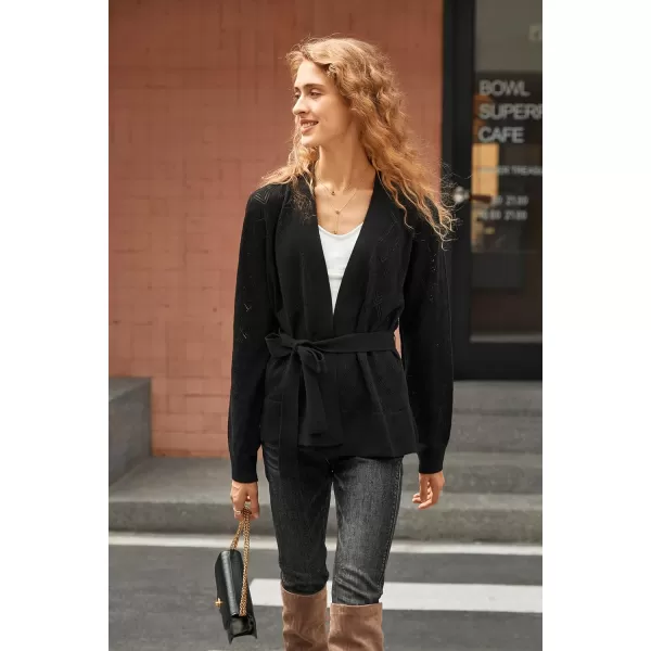 Yvette Womens Cardigan Sweaters HollowOut Open Front Knit Lightweight Sweater with Belt for WomenBlack