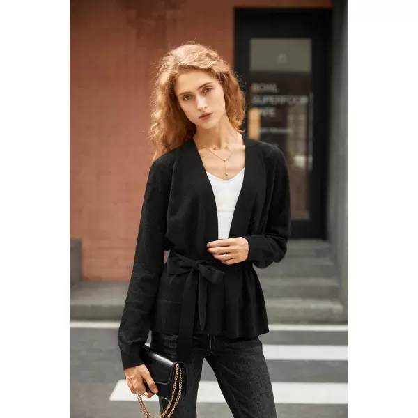 Yvette Womens Cardigan Sweaters HollowOut Open Front Knit Lightweight Sweater with Belt for WomenBlack
