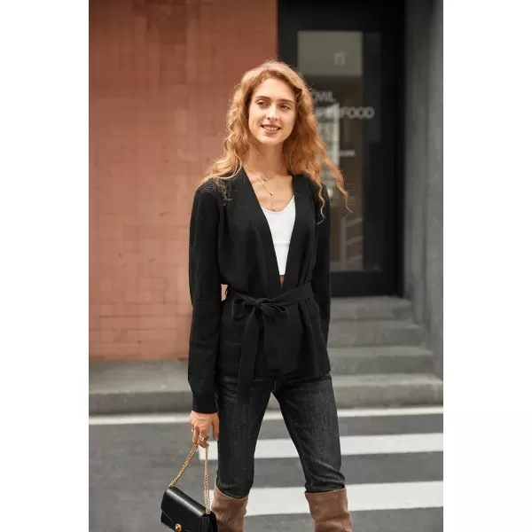 Yvette Womens Cardigan Sweaters HollowOut Open Front Knit Lightweight Sweater with Belt for WomenBlack
